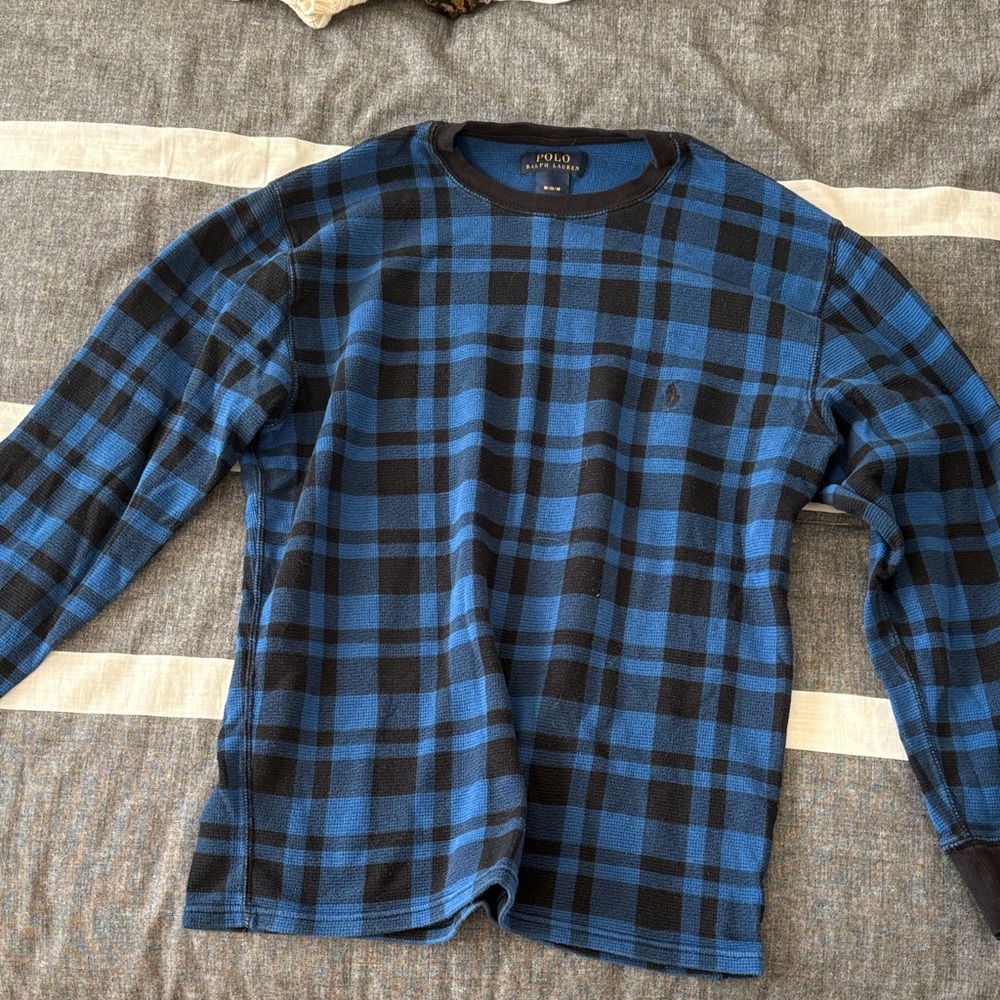 Polo by Ralph Lauren Men's Black and Blue Checkered Long Sleeve
